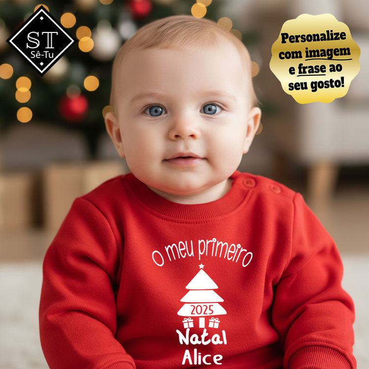 Camisola bebé O Primeiro Natal (Nome)